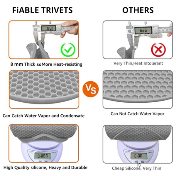 FiABLE Premium Grade Silicone Trivet Mats - High Heat Resistant mats, Non Stick, Non Slip, Scratch Proof | Coasters for Hot Pans | 8mm Extra Thick for Dining and Kitchen - Set of 3 Grey