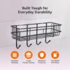 Amazon Basics Self-Adhesive Wall Shelf – No-Drill Multipurpose Bathroom/Kitchen Organizer with Hooks and Towel Holder, Rust Proof GI Steel Organizer | Black, 28.2 x 9.8 x 11.5 cm, Pack of 1