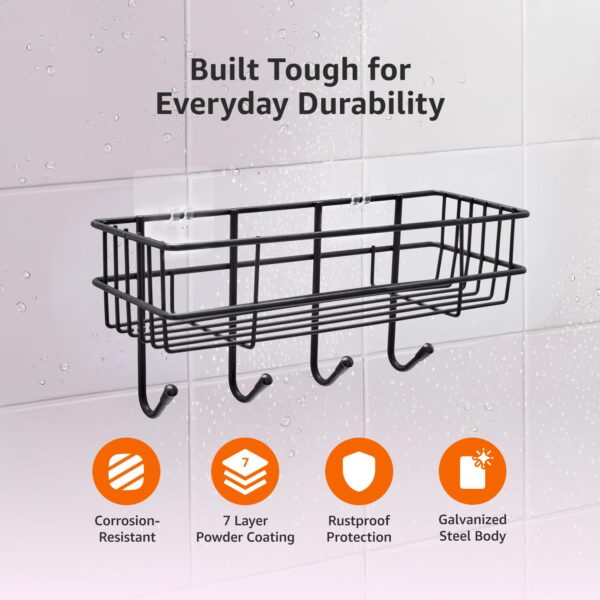 Amazon Basics Self-Adhesive Wall Shelf – No-Drill Multipurpose Bathroom/Kitchen Organizer with Hooks and Towel Holder, Rust Proof GI Steel Organizer | Black, 28.2 x 9.8 x 11.5 cm, Pack of 1