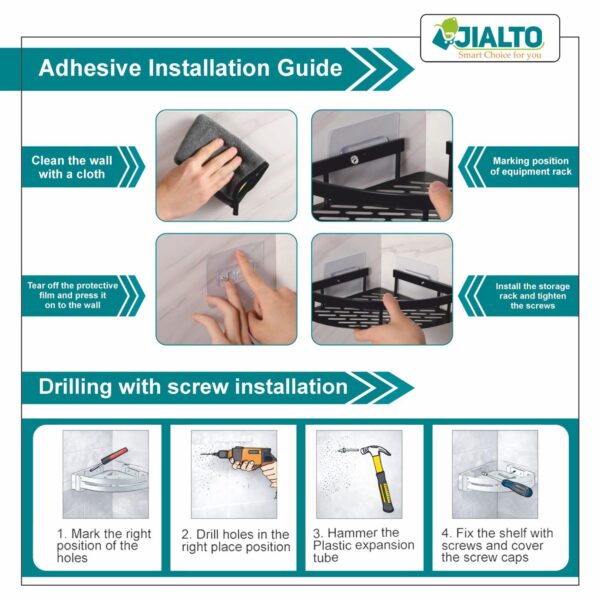 JIALTO 1 PCS Aluminum Bathroom Corner Shelf for Wall, rustproof, Nail-Free, No Drilling Organizer Holder, Bathroom Shelf for Wall Stand for Corner Holder, Washroom & Bathroom Accessories (Black)