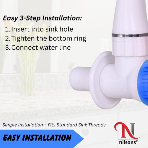 3PCS Sink Cock Tap Combo | Wall Mounted Swan Neck Water Tap with Crystal Blue Handle | Unbreakable PVC Kitchen & Basin Faucet | 15mm Thread | Leakproof Long Neck Tap for Home/Utility