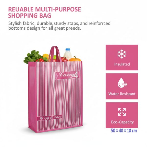 Shopping Bag, Bigshopper, Grocery Bag, Large Reusable Multi-Purpose Shopping Bag for Grocery | Rectangular Boxy | Vegetables & Kitchen Essentials | Tote Bag, Stripe Print 50X40X10 cm