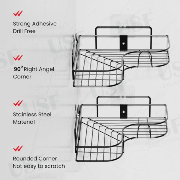 USF Corner Storage Rack Set for Bathroom and Kitchen, Self Adhesive Wall Mounted Shelf with No Drill Fixing and Strong Hold, Space Saving Corner Design (Black, Pack of 2)