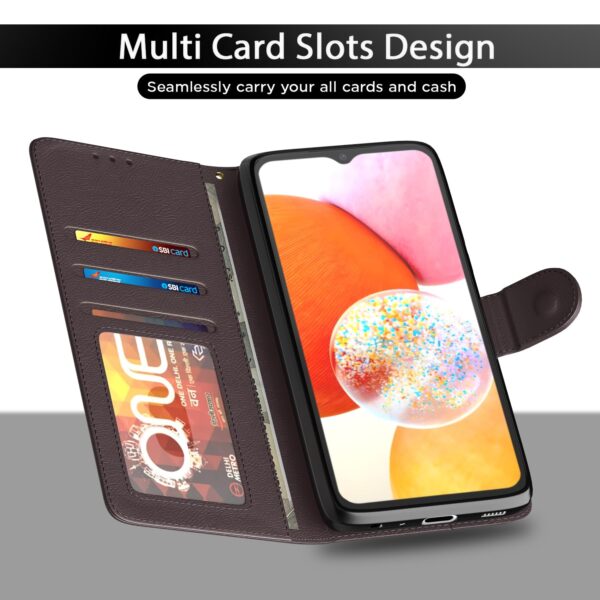 Pikkme Samsung Galaxy M13 4G Flip Case Leather Finish | Inside TPU with Card Pockets | Wallet Stand and Shock Proof | Magnetic Closing | Complete Protection Flip Cover (Coffee)