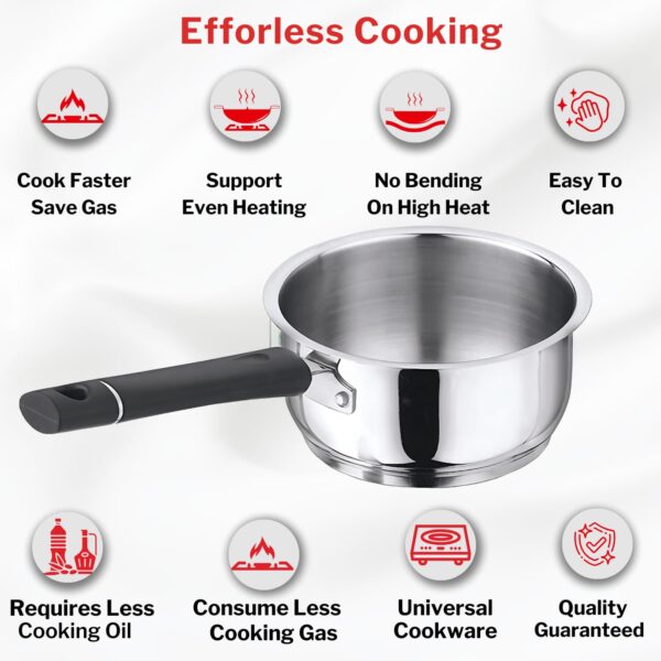 Vinod Tivoli Stainless Steel Saucepan - 1.1 Litre, 14 cm | Sandwich Bottom for Even Heating, Bakelite Handle Tea Pan, Induction Utensil | for Milk Boiling, Chai, Sauce Pot | Perfect for Daily Cooking
