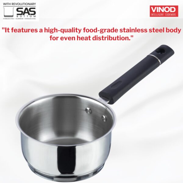 Vinod Tivoli Stainless Steel Saucepan - 1.1 Litre, 14 cm | Sandwich Bottom for Even Heating, Bakelite Handle Tea Pan, Induction Utensil | for Milk Boiling, Chai, Sauce Pot | Perfect for Daily Cooking