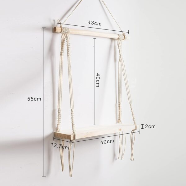 Decazone ® Macramé Wall Hanging Shelf Pine Wood Floating Shelve with Wooden Dowel Modern Chic Woven Décor for Dorm Living Room Nursery Beige Colour 55 x 43cm