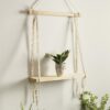 Decazone ® Macramé Wall Hanging Shelf Pine Wood Floating Shelve with Wooden Dowel Modern Chic Woven Décor for Dorm Living Room Nursery Beige Colour 55 x 43cm