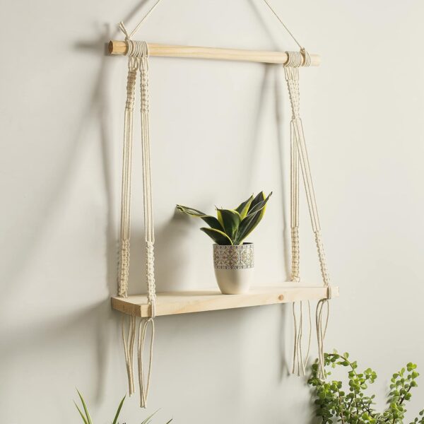 Decazone ® Macramé Wall Hanging Shelf Pine Wood Floating Shelve with Wooden Dowel Modern Chic Woven Décor for Dorm Living Room Nursery Beige Colour 55 x 43cm