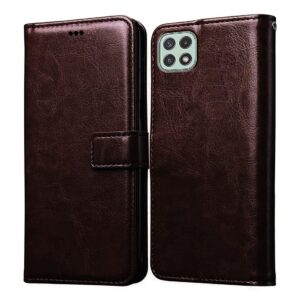 Amazon Brand - Solimo Flip Leather Mobile Cover (Soft, Flexible Amazon Brand - Solimo Flip Leather Mobile Cover (Soft, Flexible & Kickstand Back case) Compatible for Samsung Galaxy A22 5G / F42 5G (Coffee)