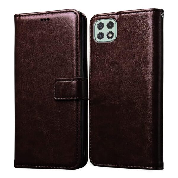 Amazon Brand - Solimo Flip Leather Mobile Cover (Soft, Flexible & Kickstand Back case) Compatible for Samsung Galaxy A22 5G / F42 5G (Coffee)