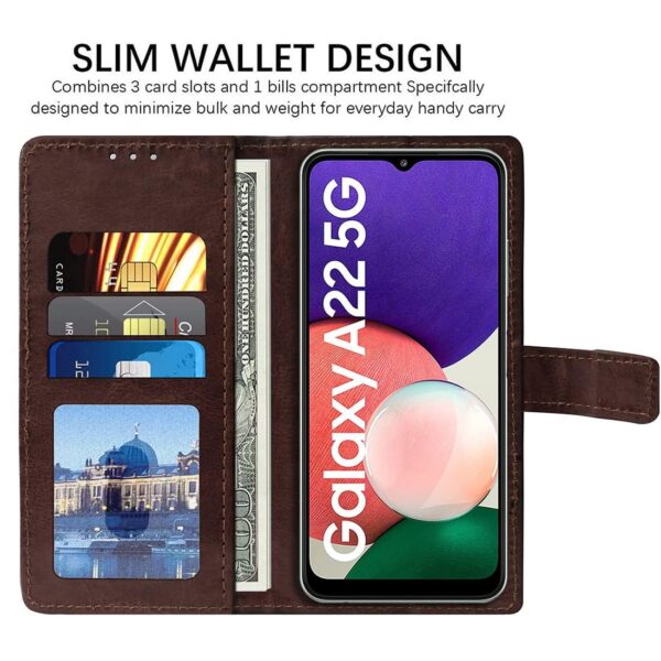 Amazon Brand - Solimo Flip Leather Mobile Cover (Soft, Flexible & Kickstand Back case) Compatible for Samsung Galaxy A22 5G / F42 5G (Coffee)