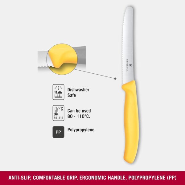 Victorinox Swiss Made, Stainless Steel Swiss Classic Paring Knife, 11 cm, Serrated Edge with Round Tip, Professional and Household Kitchen Tools, Kitchen Items, Yellow, 6.7838.C1 | Multipurpose Knife