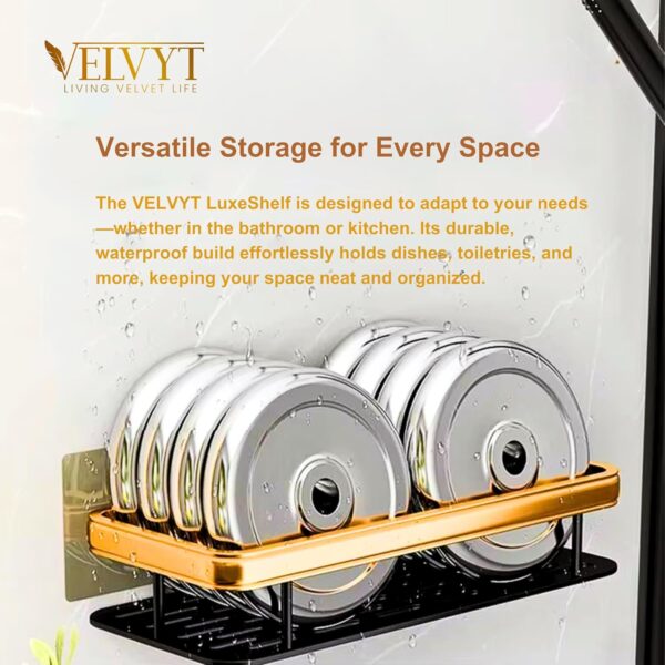 VELVYT Aluminium Bathroom Shelves, Bathroom Organiser Without Drill, Self-Adhesive Multipurpose Wall Mounted Bathroom Shelf & Kitchen Organizer, Bathroom Rack (Pack of 2, Gold)