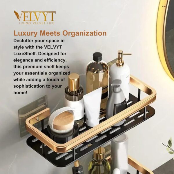 VELVYT Aluminium Bathroom Shelves, Bathroom Organiser Without Drill, Self-Adhesive Multipurpose Wall Mounted Bathroom Shelf & Kitchen Organizer, Bathroom Rack (Pack of 2, Gold)