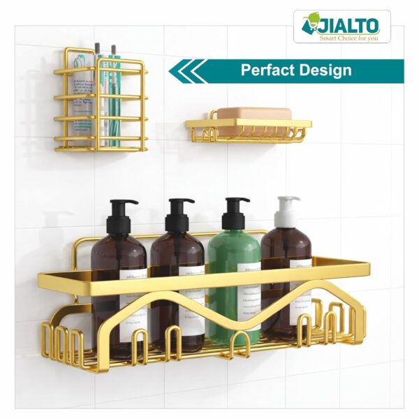 JIALTO 5 in 1 Self-Adhesive Bathroom Organizer Combo - No Drill Wall Mounted Shelf Stand with Metal Racks, Toothbrush Holder, Soap Dish & Storage Tray - Multipurpose Bathroom Accessories (Golden)