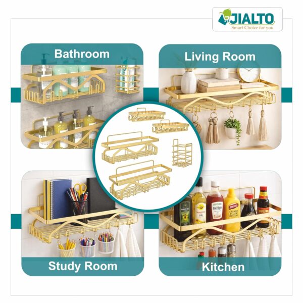 JIALTO 5 in 1 Self-Adhesive Bathroom Organizer Combo - No Drill Wall Mounted Shelf Stand with Metal Racks, Toothbrush Holder, Soap Dish & Storage Tray - Multipurpose Bathroom Accessories (Golden)