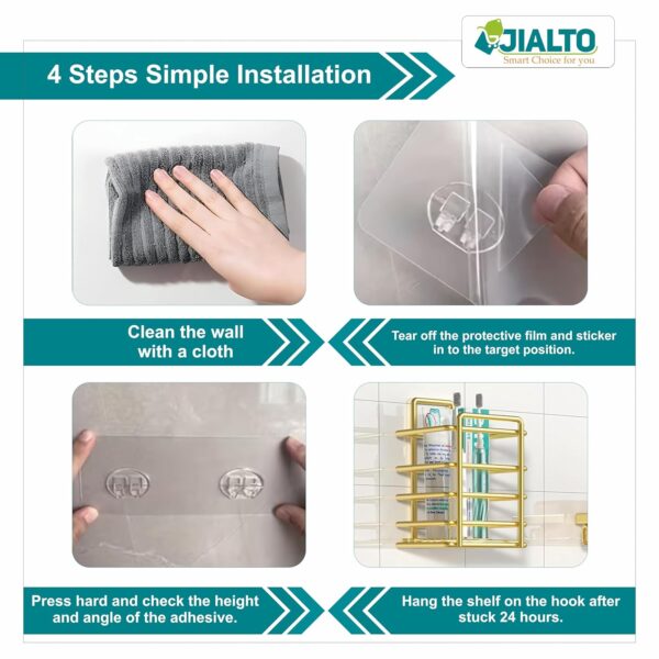 JIALTO 5 in 1 Self-Adhesive Bathroom Organizer Combo - No Drill Wall Mounted Shelf Stand with Metal Racks, Toothbrush Holder, Soap Dish & Storage Tray - Multipurpose Bathroom Accessories (Golden)