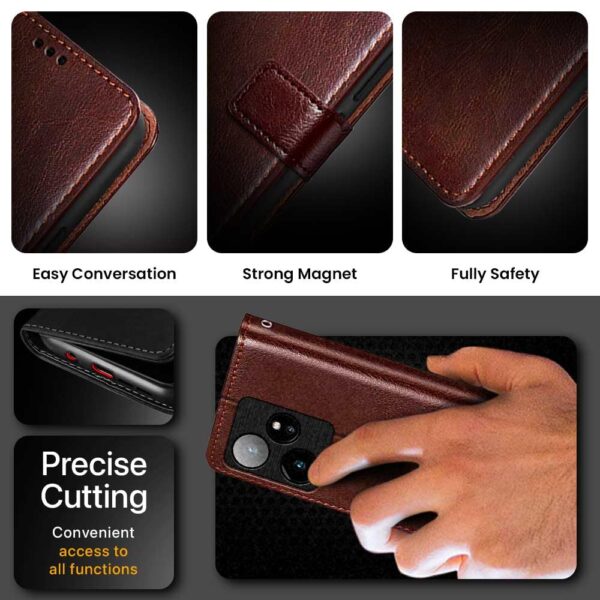 WOW IMAGINE Shock Proof Flip Cover Back Case Cover for Realme GT 7 5G | Realme GT 7T 5G (Flexible | Leather Finish | Card Pockets Wallet & Stand | Chestnut Brown)
