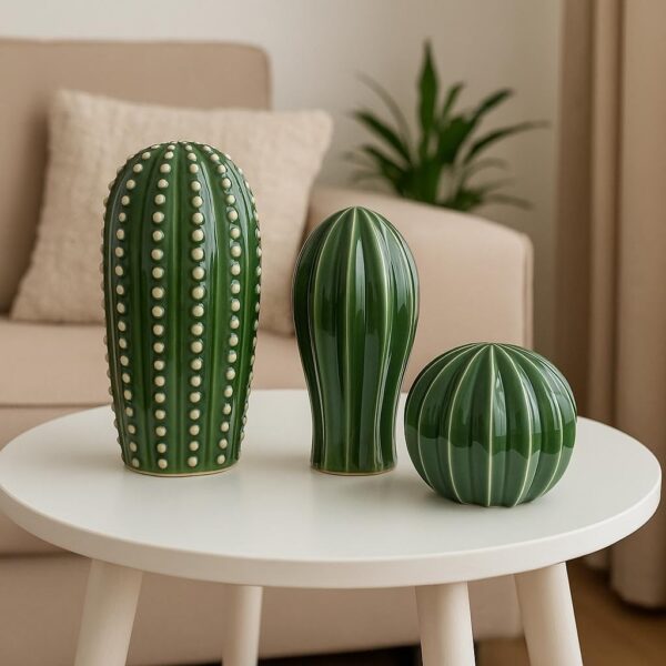 PUREZENTO 'CactusGlow' Ceramic Showpiece - Set of 3 | Stylish Boho Minimalist Cactus Green Matte Finish Figurines | Ceramic Decorative Showpiece for Home Decor, Living Room, Office, Tabletop & Shelf