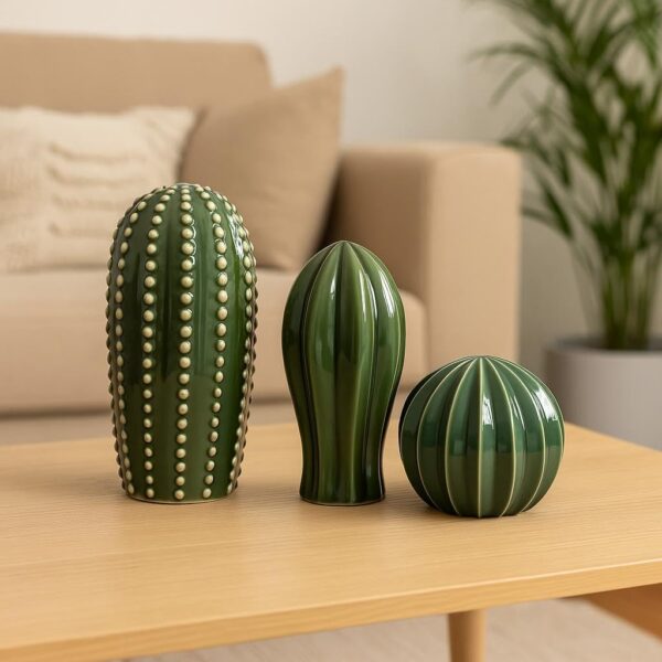 PUREZENTO 'CactusGlow' Ceramic Showpiece - Set of 3 | Stylish Boho Minimalist Cactus Green Matte Finish Figurines | Ceramic Decorative Showpiece for Home Decor, Living Room, Office, Tabletop & Shelf