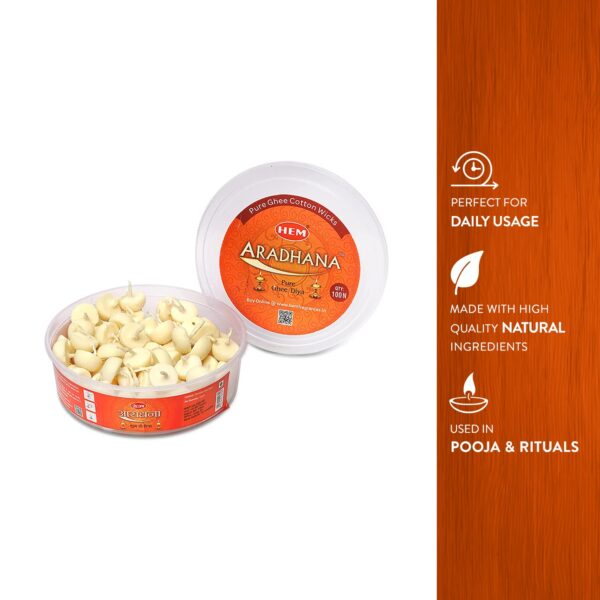 1776166935_Hem-Aradhna-Pure-Ghee-Diya-with-Batti-Pack-of-100-Diyas-Pooja-Room-Items-for-Home-Wax-Free-Ghee-Wicks-for-Prayers-Rituals-Special-Occasions-Burning-Time-30-mins.jpg Hem Aradhna Pure Ghee Diya with Batti Pack of 100 Diyas | Pooja Room Items for Home | Wax Free | Ghee Wicks for Prayers, Rituals & Special Occasions | Burning Time: 30 mins