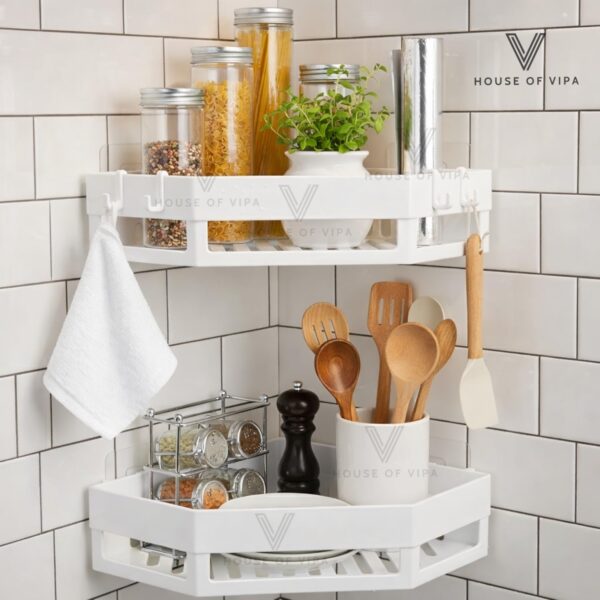 No Drill Bathroom Corner Shelf Organizer | Wall Mounted Plastic Corner Rack for Bathroom & Kitchen | 2-Tier Shelves with 4 Hooks | Rustproof, Heavy Duty Storage | White (Set of 2)
