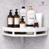 No Drill Bathroom Corner Shelf Organizer | Wall Mounted Plastic Corner Rack for Bathroom & Kitchen | 2-Tier Shelves with 4 Hooks | Rustproof, Heavy Duty Storage | White (Set of 2)