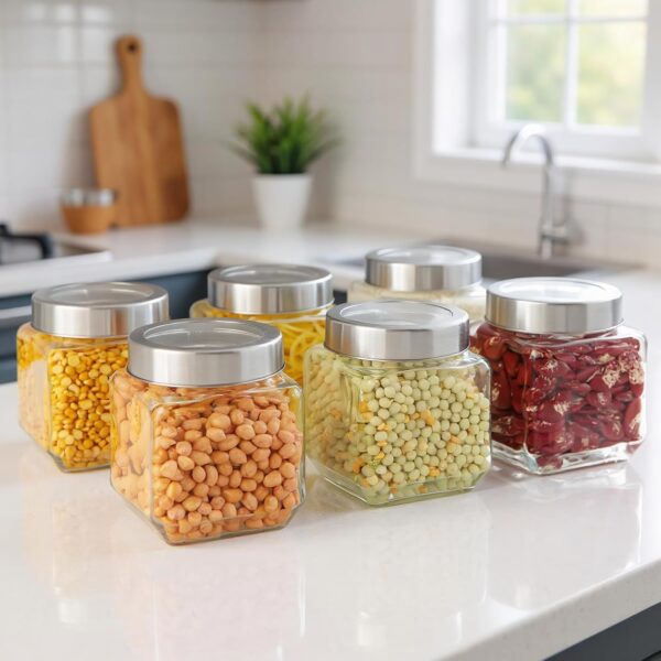 Amazon Solimo Square Glass Storage Containers | Set Of 6 | 580 Ml Each | Non-Toxic, Recyclable | Transparent