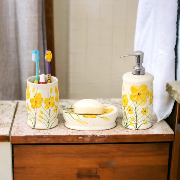 Premium Ceramic Bathroom Accessories Set of 3 | Modern Hand-Painted Bath Set with 300ml Soap Dispenser, Toothbrush Holder & Soap Dish | Bathroom Items | White & Yellow Floral Pattern