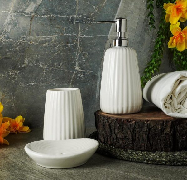 1776196961_Premium-Ceramic-Bathroom-Accessories-Set-of-3-Oval-Hand-Painted-Luxury-Bath-Set-with-300ml-Liquid-Soap-Dispenser-Toothbrush-Holder-Soap-Tray-White-with-Vertical-Stripe-Pattern.jpg Premium Ceramic Bathroom Accessories Set of 3 | Oval Hand-Painted Luxury Bath Set with 300ml Liquid Soap Dispenser, Toothbrush Holder & Soap Tray | White with Vertical Stripe Pattern