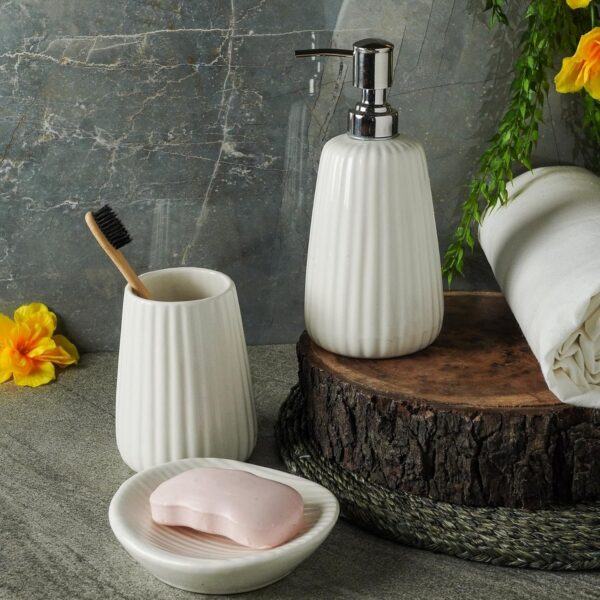 1776196963_Premium-Ceramic-Bathroom-Accessories-Set-of-3-Oval-Hand-Painted-Luxury-Bath-Set-with-300ml-Liquid-Soap-Dispenser-Toothbrush-Holder-Soap-Tray-White-with-Vertical-Stripe-Pattern.jpg Premium Ceramic Bathroom Accessories Set of 3 | Oval Hand-Painted Luxury Bath Set with 300ml Liquid Soap Dispenser, Toothbrush Holder & Soap Tray | White with Vertical Stripe Pattern