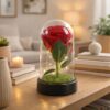 Artificial Rose Flower Showpiece with Glass Dome Cover, Decorative Preserved-Style Flower for Home Décor, Romantic Gift Item for Birthday, Anniversary, Valentine & Special Occasions (Red Rose)