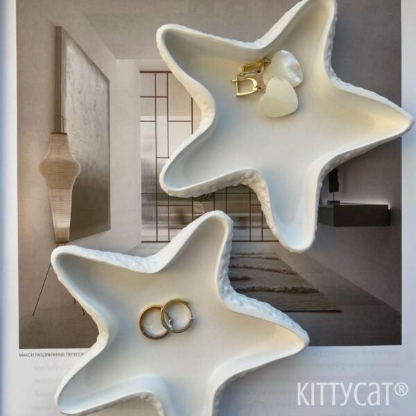 Kitty Cat®Concrete Jewelry Tray Trinket Dish, Decorative Star Fish Vanity Key Tray for Women – Cute Jewelry Plate, Ring Holder, Aesthetic Room Decor, White, Perfect for Birthday (13.5x13cm) (Starfish)