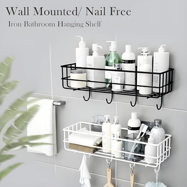 RERANT Self-Adhesive Bathroom Shelf with Hooks - Space-Saving Wall Mounted Shelf for Bathroom Essentials - Durable, No-Drill Required - Sleek Design. (Pack of 1)