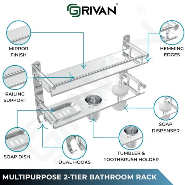 Stainless Steel 6-in-1 Bathroom 2-Tier Shelf Rack with Soap Dish, Toothbrush Holder, Tumbler & Liquid Soap Dispenser (Silver Chrome, 16x10 Inch)