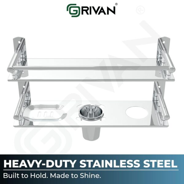 Stainless Steel 6-in-1 Bathroom 2-Tier Shelf Rack with Soap Dish, Toothbrush Holder, Tumbler & Liquid Soap Dispenser (Silver Chrome, 16x10 Inch)