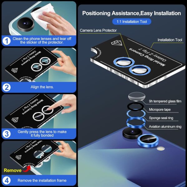 for Samsung Galaxy Z Flip 7 Camera Lens Protector, Individual Metal Ring Tempered Glass Lens Cover, [Strong Adsorption] Scratch Resistant Ultra-Thin HD Clear Lens Cover, 1 Set-Titanium Blue