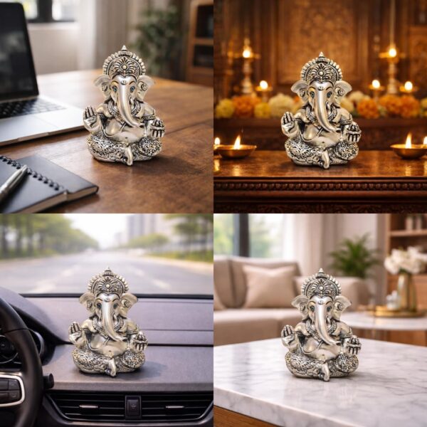 Gold Art India 999 Matte Silver Plated Antique Mukut Ganesha - 3.5" - Perfect for Gifting, Home Decor, Car Dashboard Murti Ganpati Idol for Home Decor Puja Statue Gift for Office Desk Puja Room, God