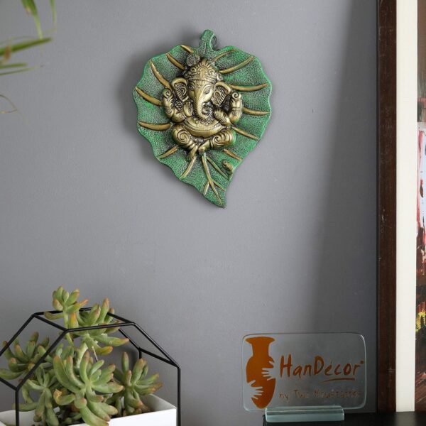 Two Moustaches Decorative Leaf Ganesha on Patta Metal Wall Hanging Showpiece, Green & Golden, Standard (TMP/1991B)