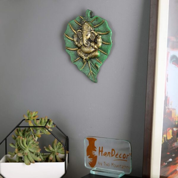 Two Moustaches Decorative Leaf Ganesha on Patta Metal Wall Hanging Showpiece, Green & Golden, Standard (TMP/1991B)