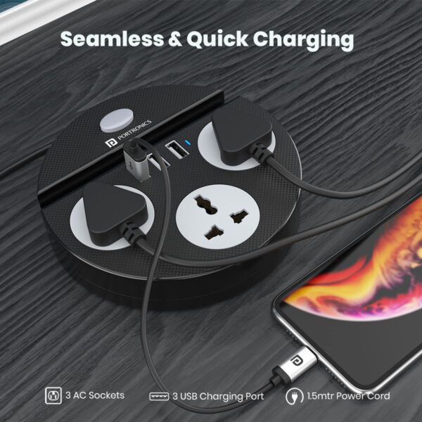 Portronics Power Plate 5 1500W Power Converter with USB Charger & Mobile Holder 3AC Socket + 3USB Ports, 1.5 m Cord Length (Black)
