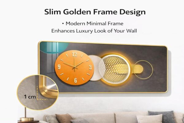 CHIBRO Big Size Wall Wallpaper Frame with Clock | Premium Wooden Playwood Decorative Wall Art Set | Modern Luxury Home Décor for Living Room, Bedroom & Office (Golden Dot Orbit)