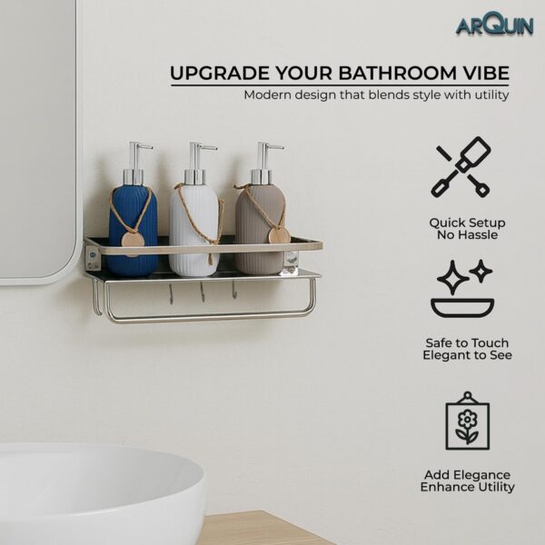 Bathroom Accessories Set | Multipurpose Wall Shelf Stainless Steel Bathroom Shelf I Wall Mount Shelf Organizer | Towel Hook Shelf and Rack I Bathroom Shelves Silver (15x5 Inch)