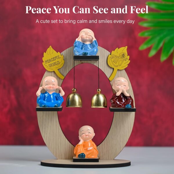 HindCraft Resin Buddha Monk Figurine Set – 4 Mini Monks on Wooden Stand with Bells | Baby Buddha for Spiritual Home or Office Decor | Ideal Gift & Décor