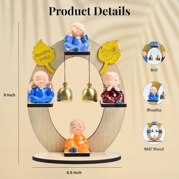 HindCraft Resin Buddha Monk Figurine Set – 4 Mini Monks on Wooden Stand with Bells | Baby Buddha for Spiritual Home or Office Decor | Ideal Gift & Décor