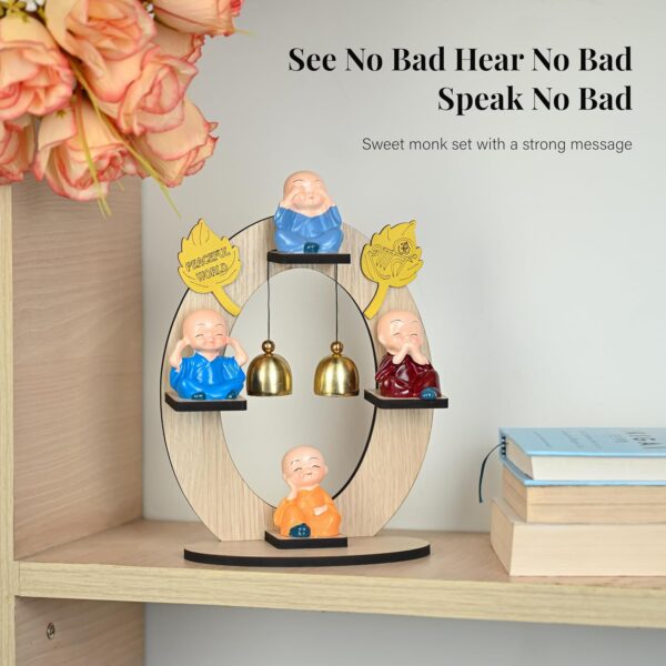 HindCraft Resin Buddha Monk Figurine Set – 4 Mini Monks on Wooden Stand with Bells | Baby Buddha for Spiritual Home or Office Decor | Ideal Gift & Décor