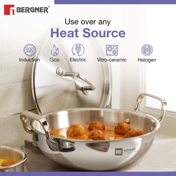 Bergner TriPro Tri-Ply Stainless Steel 4 Pcs Cookware Set - 22cm Indian Wok/Kadai with Lid, 22cm Frypan, 10cm Tadka Pan, Even Heating, Less Oil Use, Healthy Cooking - Induction and Gas Stove Ready