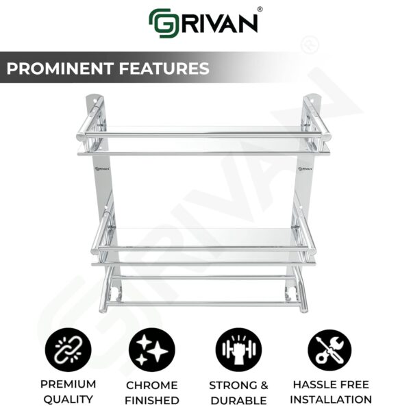 GRIVAN Multipurpose Stainless Steel Double Layer Shelf with Towel Rod I Multipurpose Wall Mount Bath Shelf Organizer l Bathroom Shelf and Rack I Bathroom Accessories - Chrome Finish, Silver