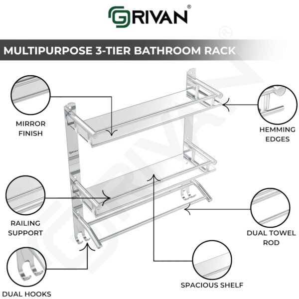GRIVAN Multipurpose Stainless Steel Double Layer Shelf with Towel Rod I Multipurpose Wall Mount Bath Shelf Organizer l Bathroom Shelf and Rack I Bathroom Accessories - Chrome Finish, Silver